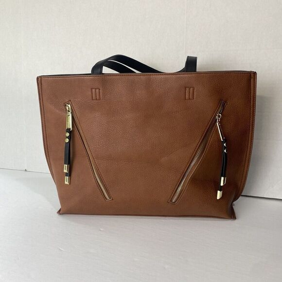 Steve Madden Brown Tote Double Handled Inside Zipper Pocket 2 Open Pockets Large - Picture 8 of 14